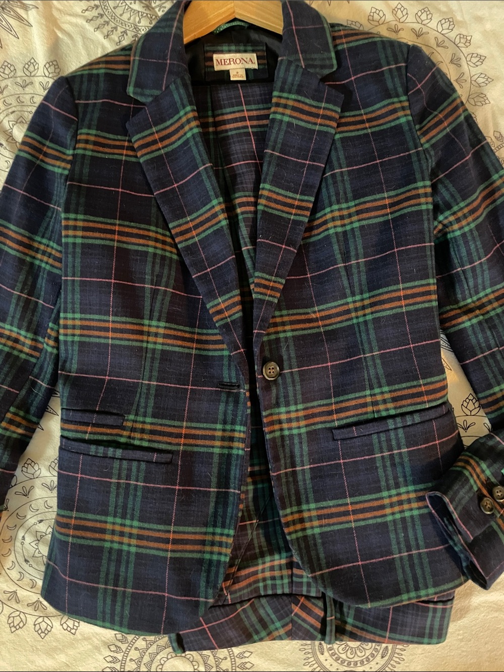 Merona Navy Plaid Blazer with Green and Brown Stripes